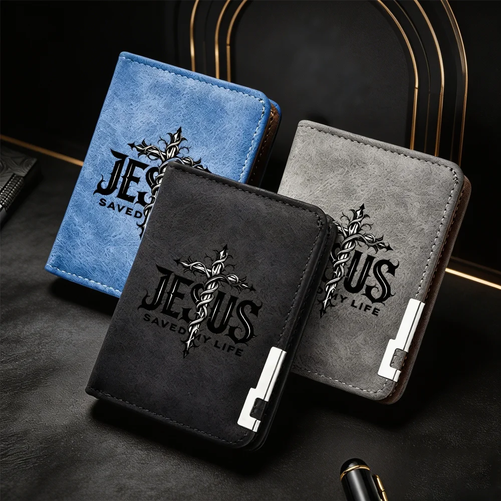 Slim Mini Men's Wallet Jesus Cross Print Vintage Suede PU Bifold Credit Card Holder Portable Pocket Religious Purse