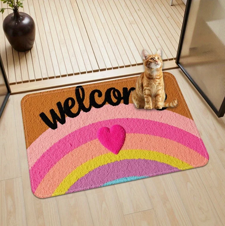 Rainbow Heart Welcome Mat - Cat Design Entrance Rug, Home Decor for Living Room Bedroom Entryway Hallway