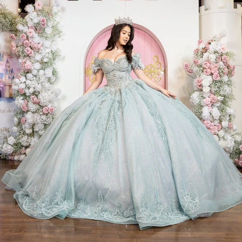 

Aqua Blue Shiny Ball Gown Quinceanera Dresses Applique Lace Beading Crystal Tull Corset Off Shoulder Sweet 16 Dress vestidos de