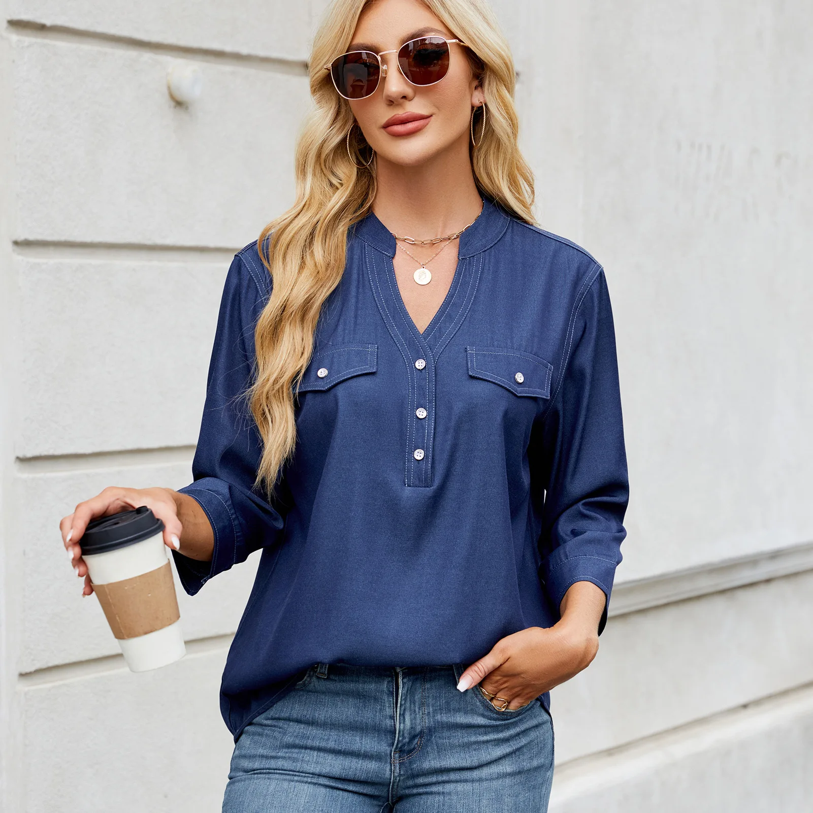 Summer Women Shirt Imitation Denim Solid Color Simplicity Shirring V-neck Women's Short Sleeve T-Shirt Casual Lady Blouse