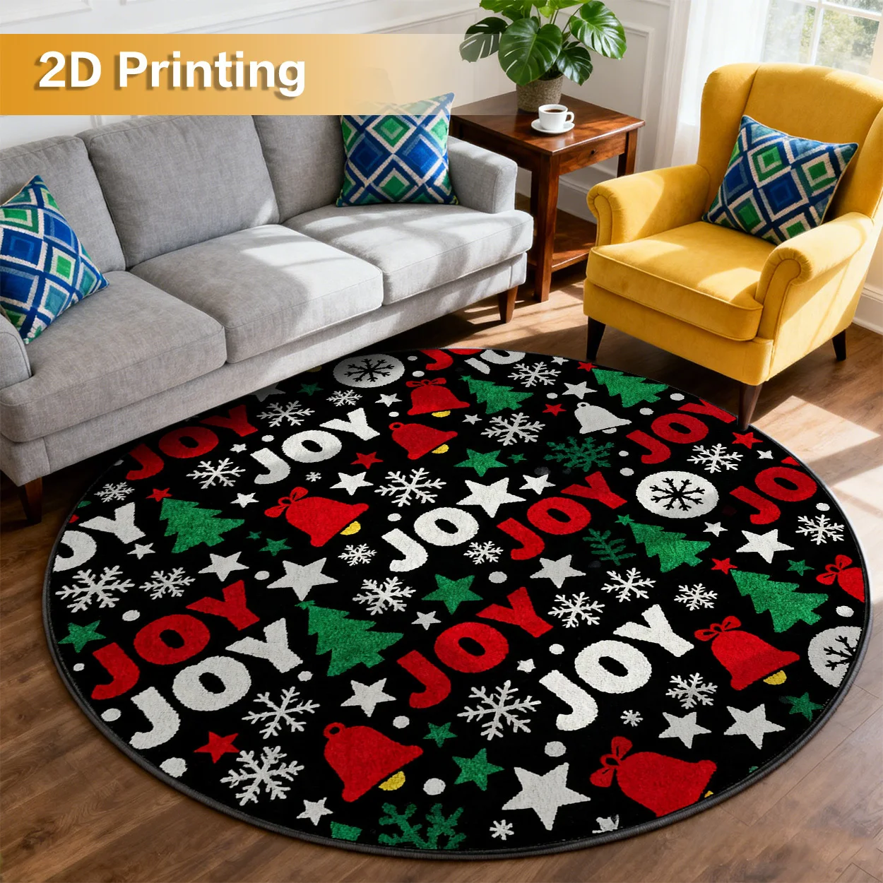 Christmas Round Rug Living Room Carpet Bedroom Decor Joy Bell Snowflake Mat