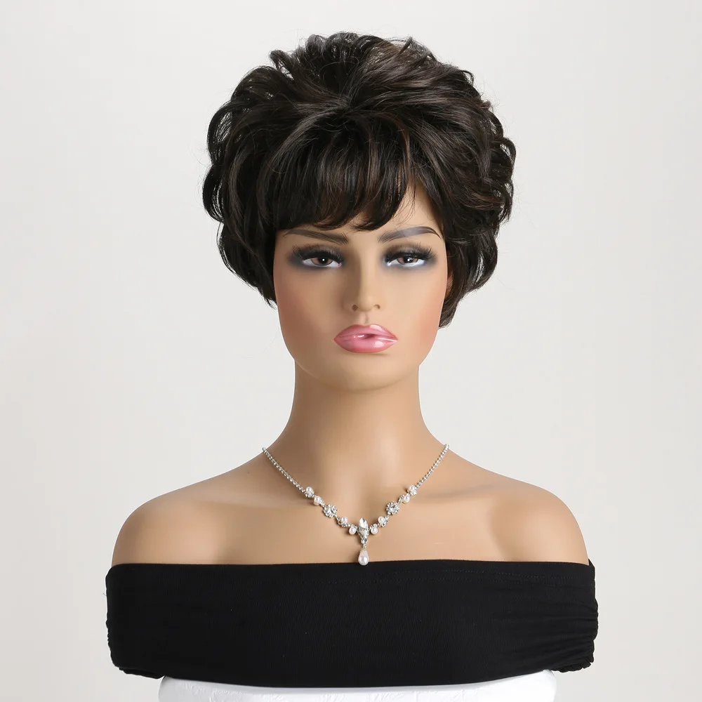 Synthetic Short Black Brown Wig Pixie Cut Curly Wigs With Bangs For Women Daily Party Heat Resistant Fake Hair