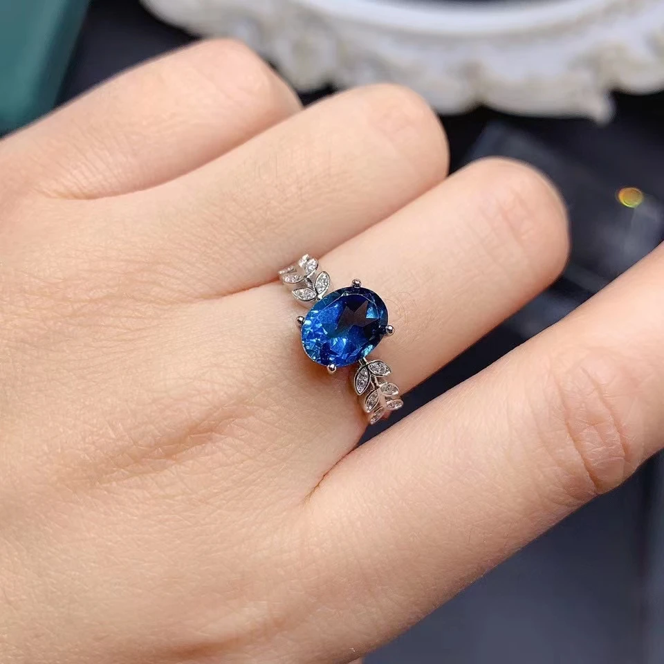 

Deep Blue Natural Topaz Ring for Engagement 2ct 7mm*9mm London Blue Topaz 925 Silver Ring with 3 Layers 18K Gold Plated