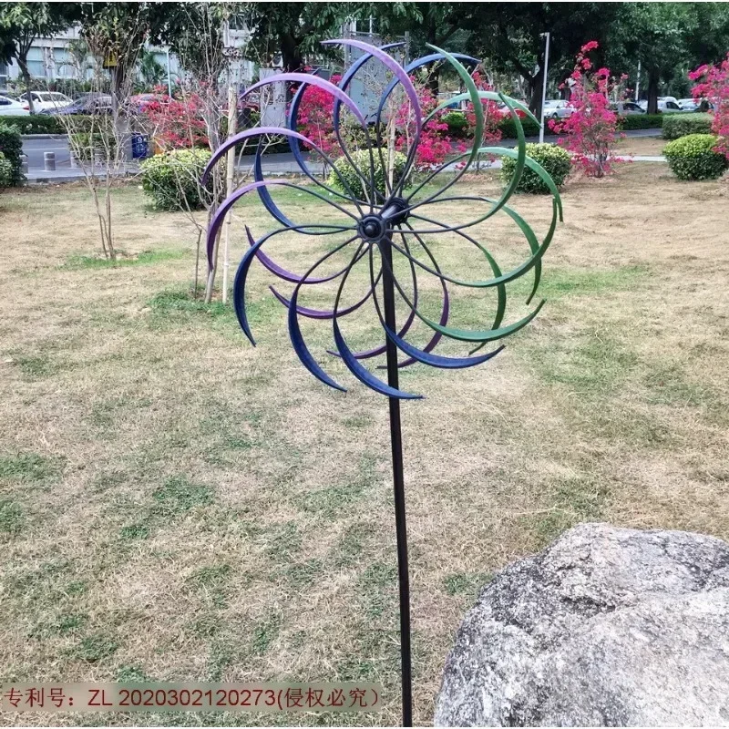 Outdoor garden decorative metal crafts double-layer rotating rainbow wrought iron windmill floor plug-in