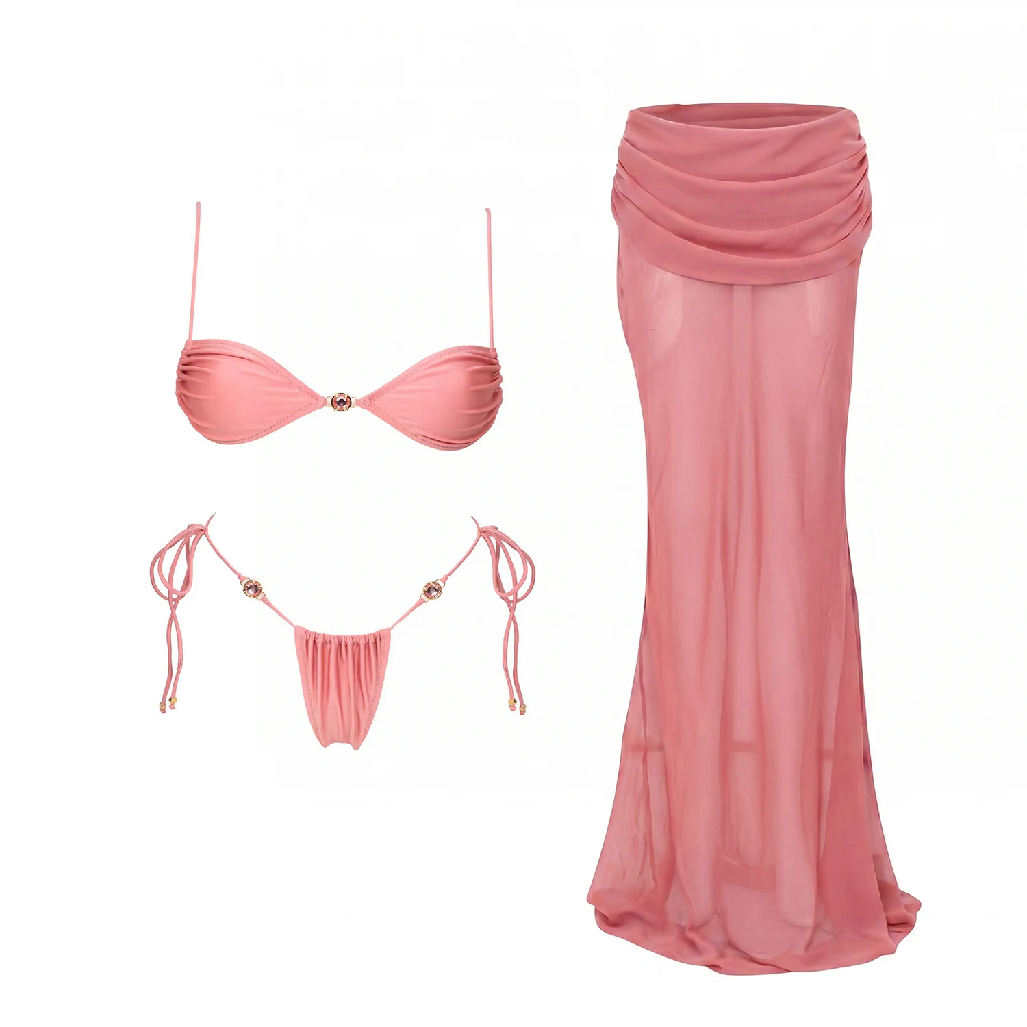 Bandeau 3Pcs Biquni Women Micro Bikini Set Female Swimsuit Push Up Swimwear Shiny Swim Suit Long Skirt Beachwear Bathingsuit