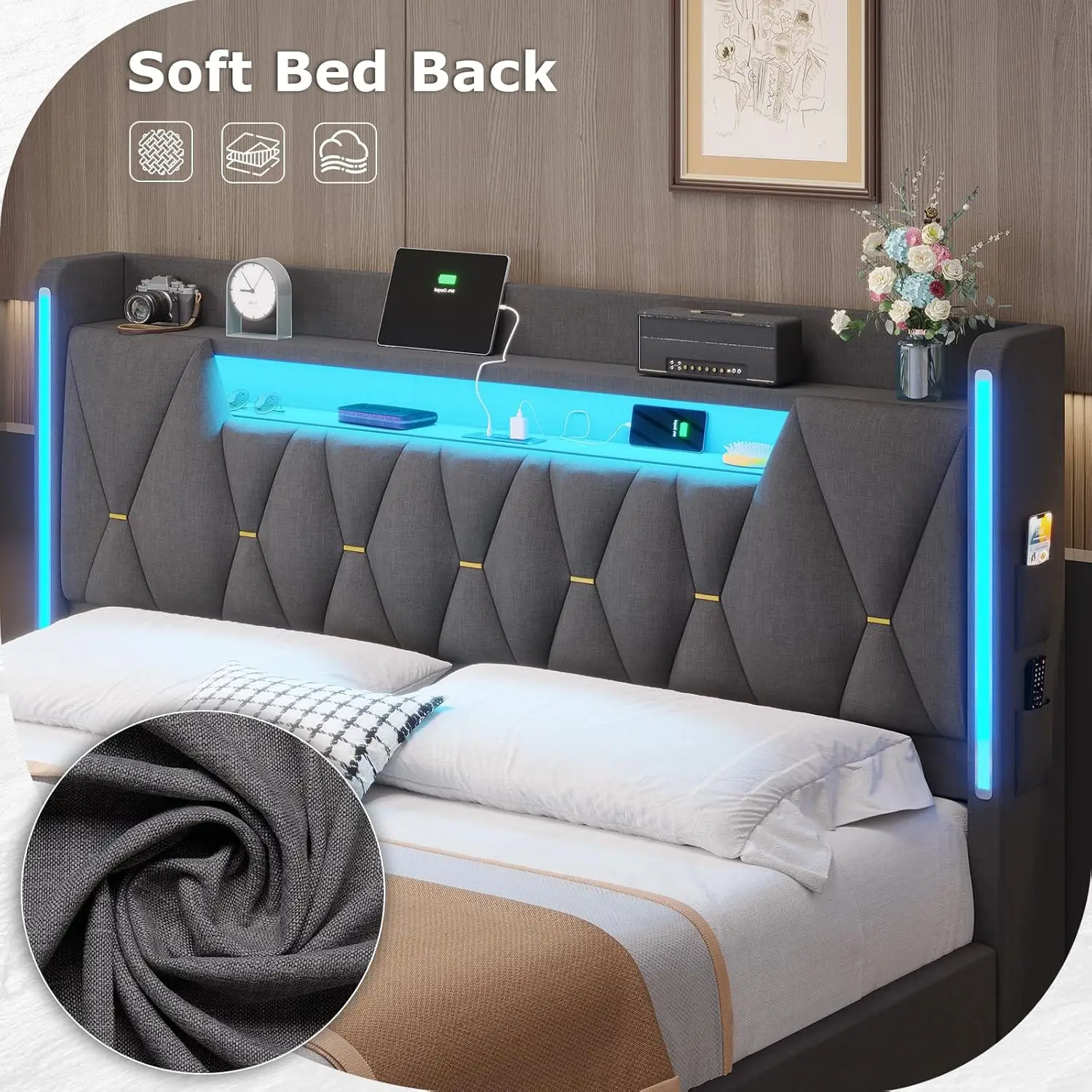 King Size Bed Frame With LED Lights & Charging Station, LED King Bed With Hidden Space And 2-Tier Shelves,, Customized view 6