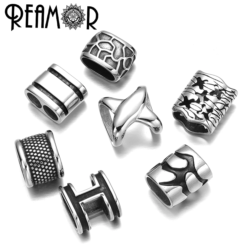 REAMOR 5pc Stainless Steel Double Hole Stripe Bead 12*6mm Flat Big Hole Spacer Beads For Men Leather Bracelet DIY Jewelry Making