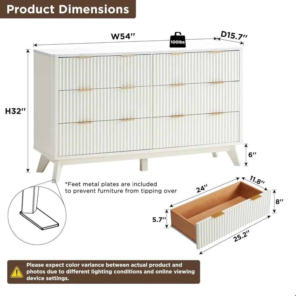 6 Drawers Dresser,  Modern Chest of Drawers with Faux Marble Top,Curved Profile Design, Dresser TV Stand, Wood Drawer Organizer