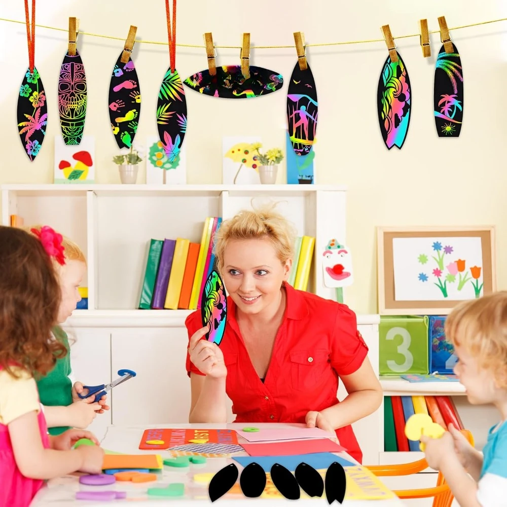 กระดานโต้คลื่นฤดูร้อน 48 ชิ้น, การ์ดขูดสําหรับเด็ก, หัตถกรรมกระดาษอาร์ตเวิร์มโต้คลื่น Magic Rainbow