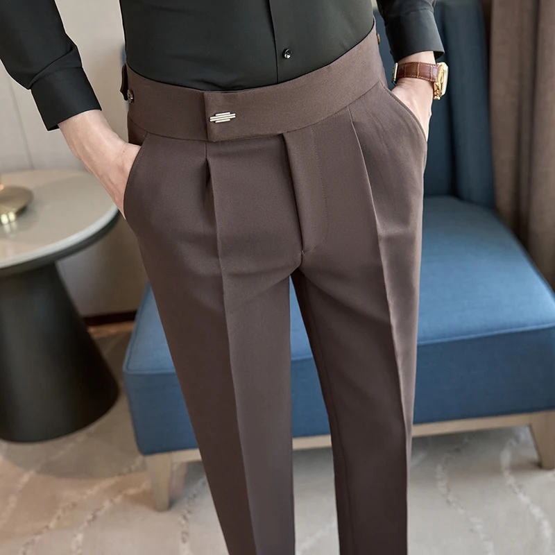 

Осень/зима 2022, новый пояс, эластичный дизайн Неаполь, костюмные брюки для мужчин, шоколадно-коричневые модные универсальные мужские повседневные грузовики