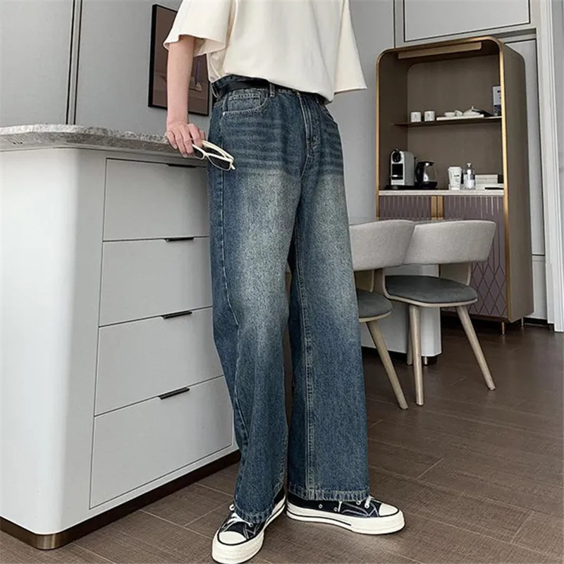 Blue High Street Fashion Jeans Men\'s Clothing Solid Color Wash Straight Leg Pants Button-pocket Loose Summer Trousers A054