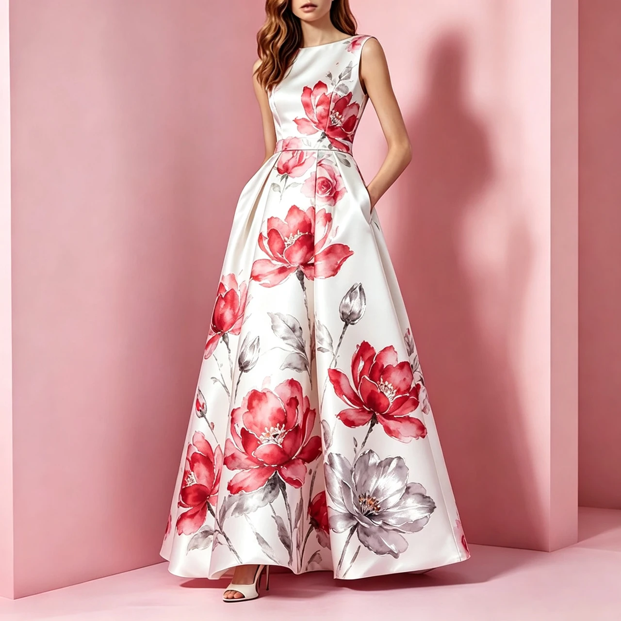 

Elegant Sleeveless A-line Maxi Evening Dress Women Watercolor Floral Print Satin Formal Wedding Guest Cocktail Party Vestidos