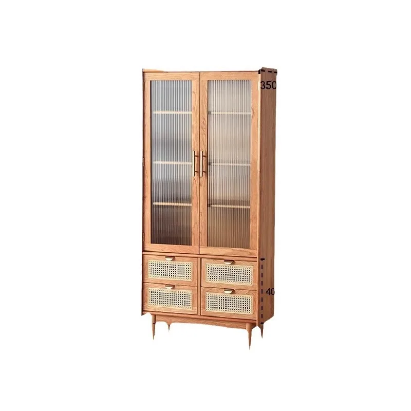 

All solid wood glass door rattan small apartment combination bookshelf floor rack