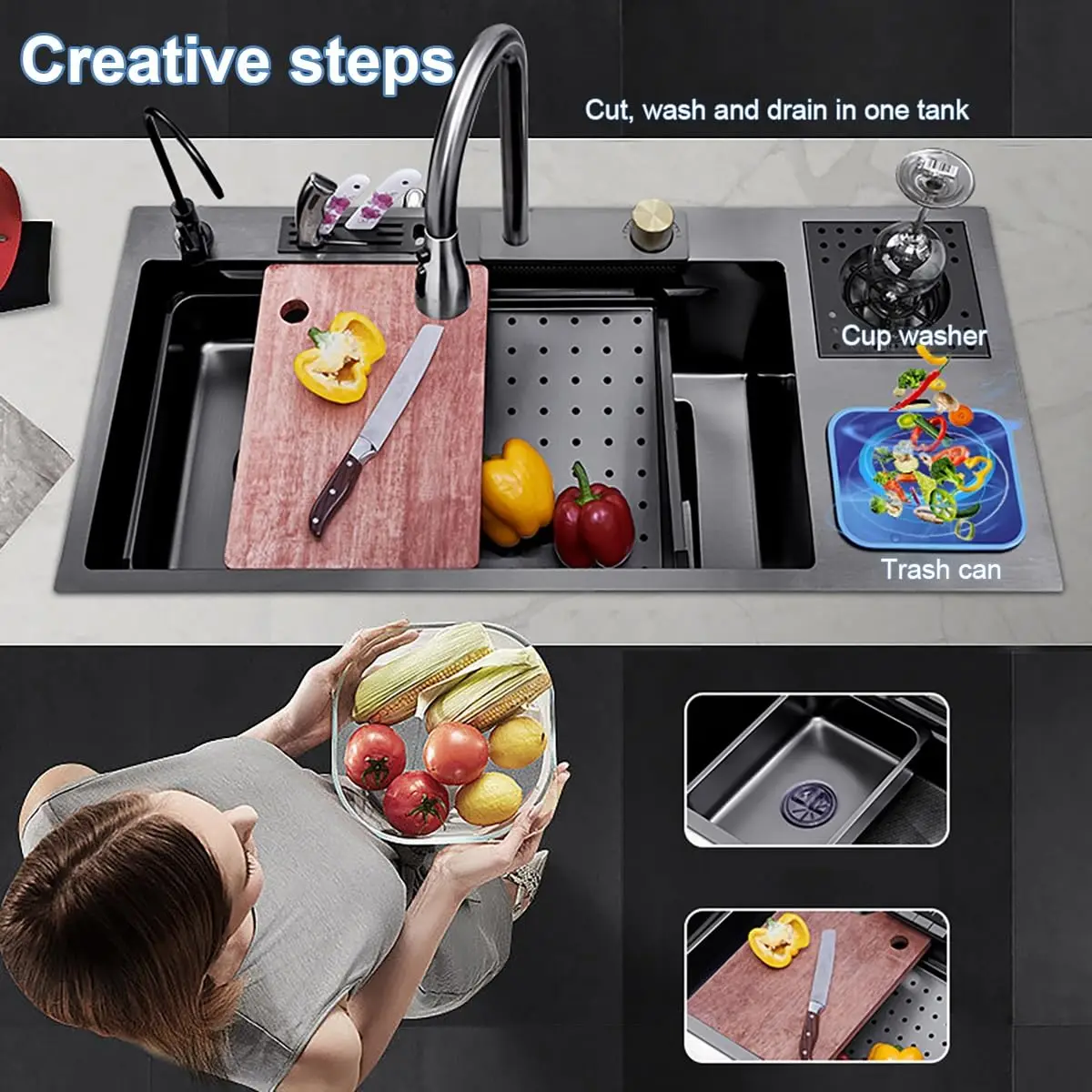 حوض مطبخ حديث متعدد الوظائف من الفولاذ المقاوم للصدأ مع صنبور للطهي المنزلي وتنظيف متين مقاوم للخدش