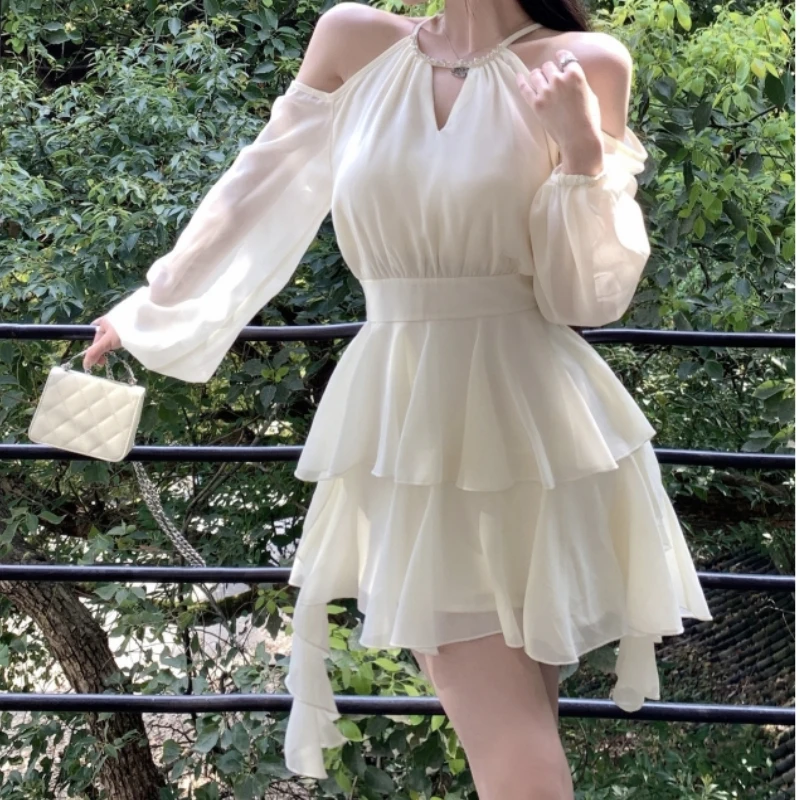 Houzhou-vestidos luxuosos elegantes para mulheres, vestido casual de chiffon, saia curta doce, minissaia fina, moda Fairycore, branco, verão