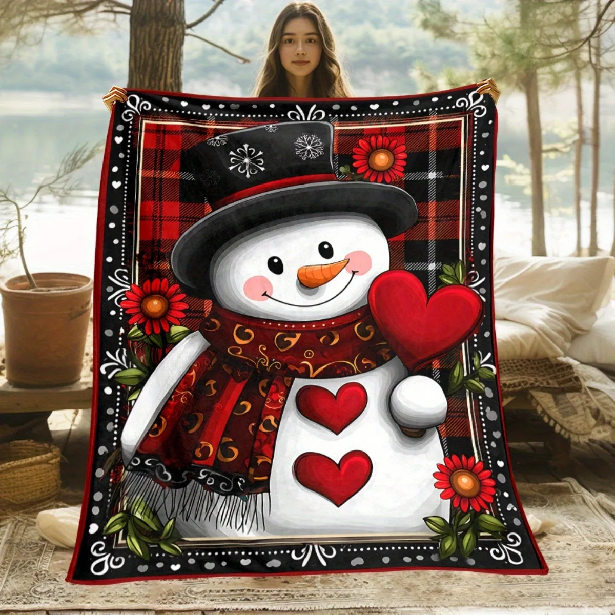Manta Floral de muñeco de nieve, varios tamaños, estampado 2D, muñeco de nieve, cedro, acebo, tema festivo, franela, poliéster, sofá, dormitorio, Camping, viaje