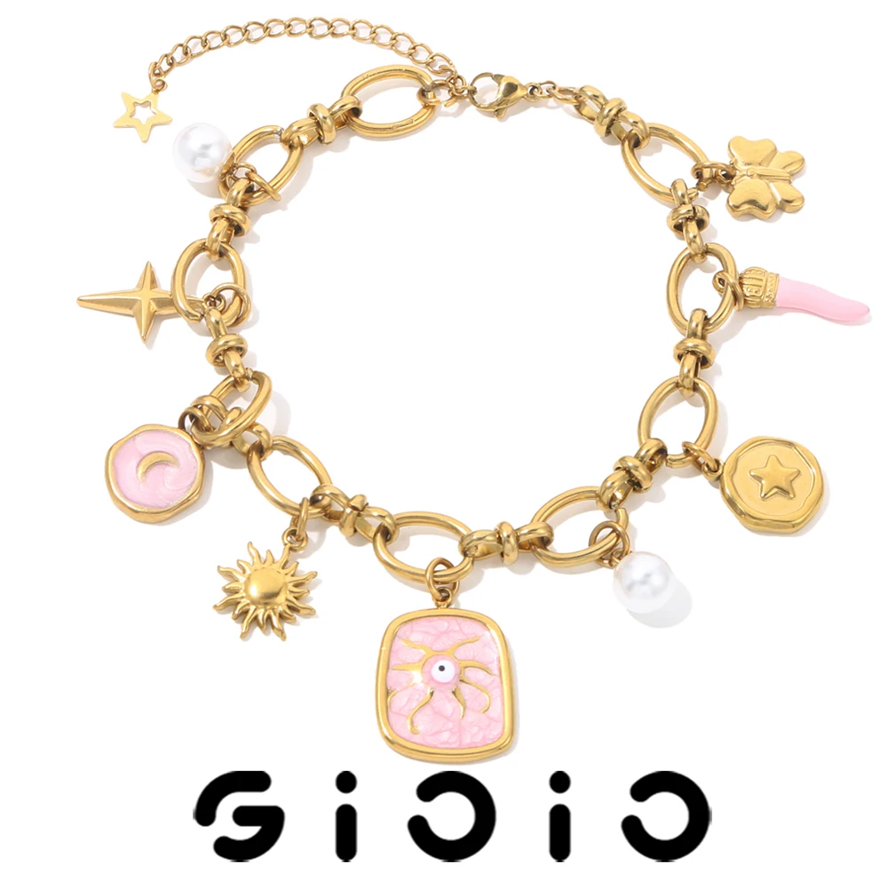 

GIOIO Y2K Style Stainless Steel Evil Eye Gold-Plated Pendant Bracelet Fashionable Vacation Party Gold-Plated Jewelry Accessories