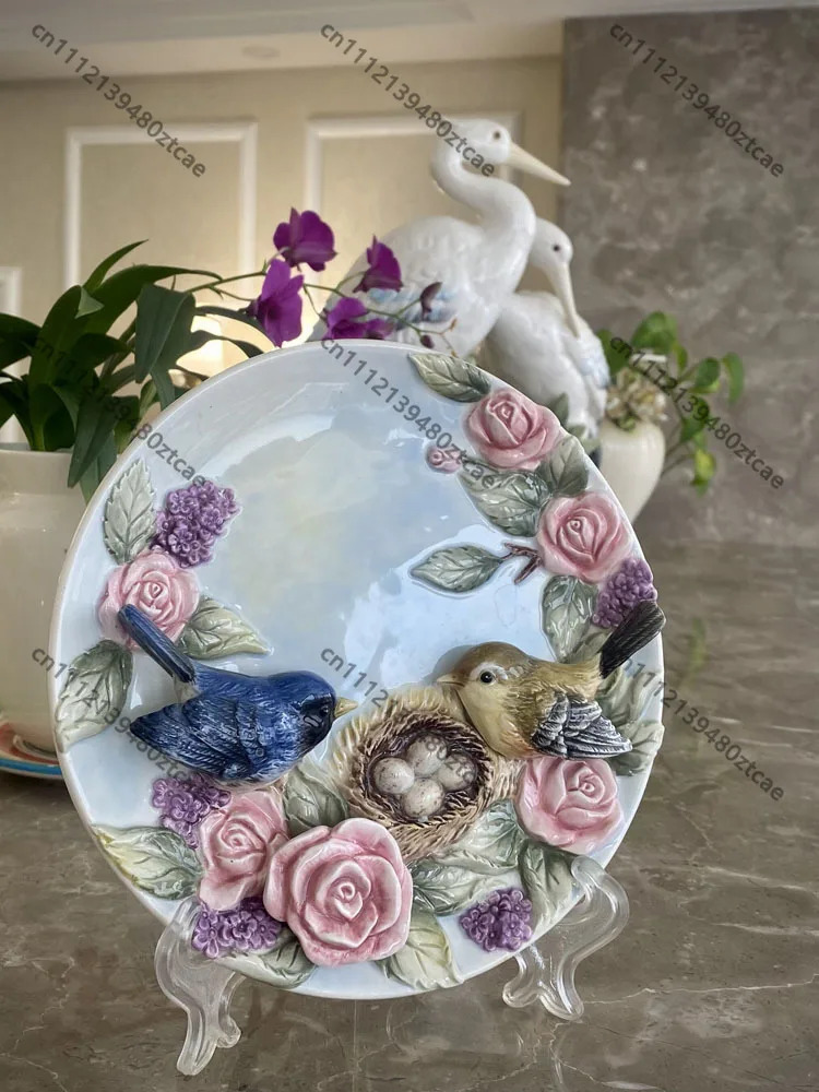 3D Red Rose Bird Pattern Decorative Wall Plate, Porcelain Hanging Dish Figurine, Vintage Art Craft Ornament for Home view 4