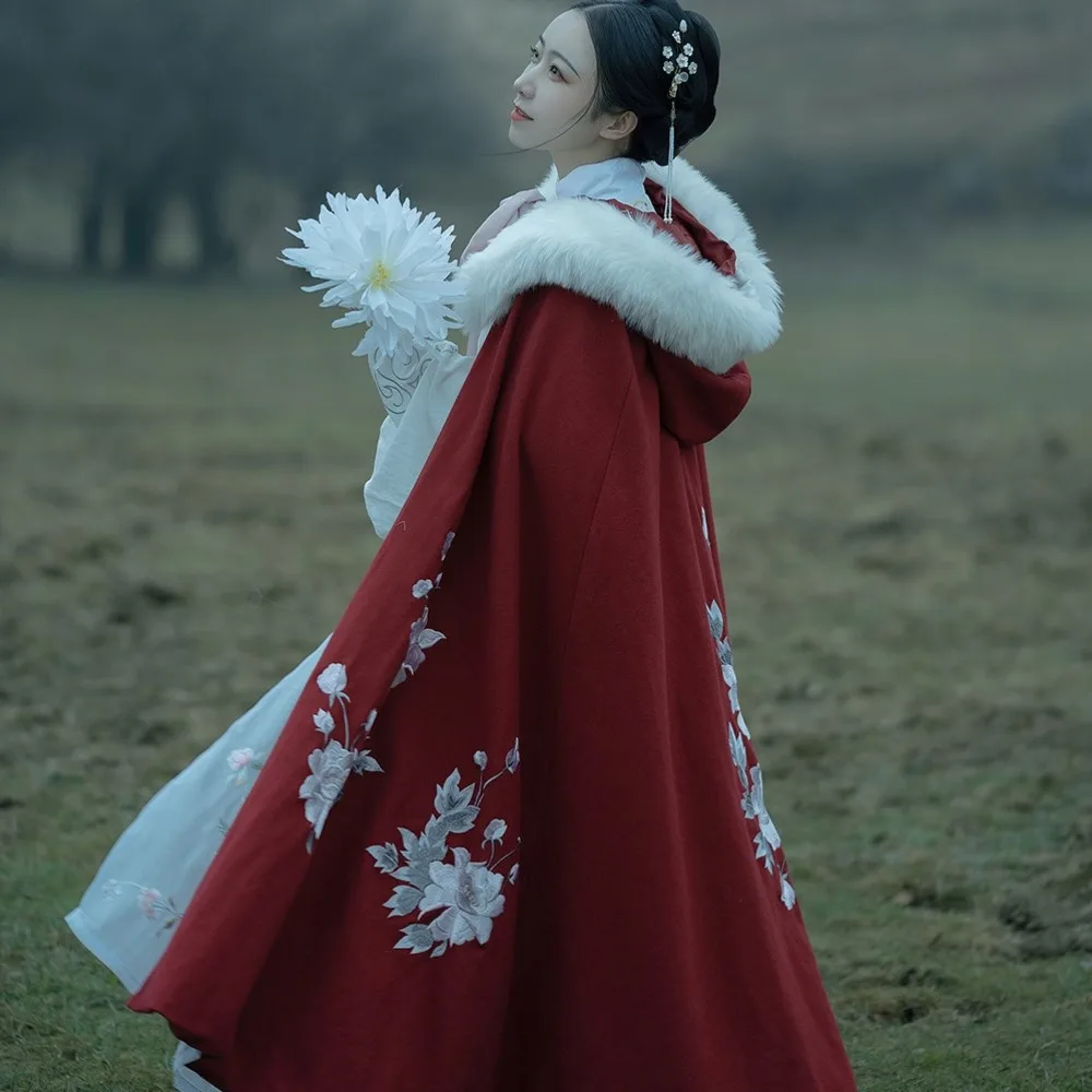 Костюм для косплея hanfu каминная, китайский новый год, традиционная женская накидка с капюшоном, Зимняя Красная накидка с вышивкой династии Тан, древняя