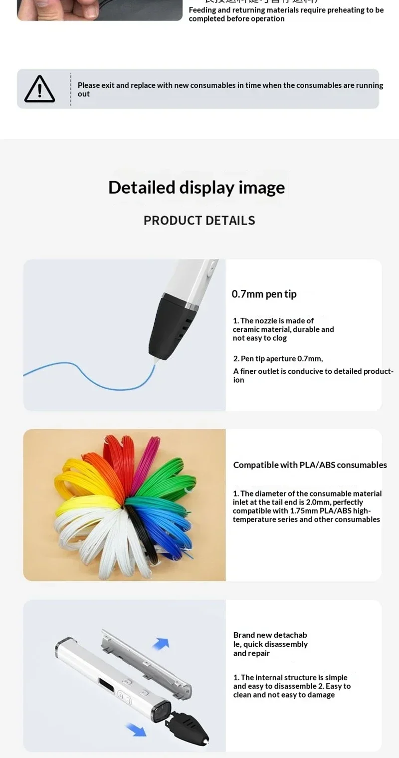Professioneller 3D-Druckstift für Wettbewerbe mit OLED-Display, 3D-Druckstifte mit PLA-Filament, 3D-Doodling mit abnehmbarem Design – Detail 10