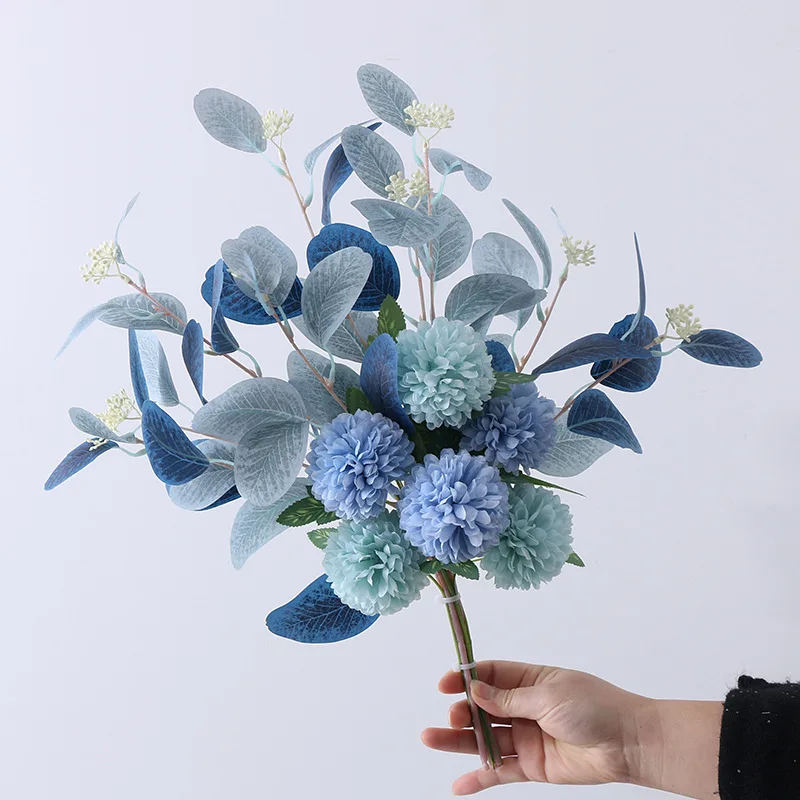 White Fake Flowers Blue Bouquet Hydrangea Artificial Flowers Chrysanthemum Silk Flowers Artificial for Decoration Flower