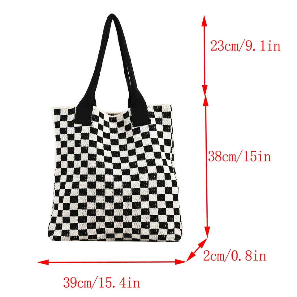 Chessboard Knitted Women's Bag Folded Eco Bag Korean Shopper Y2K Crochet Rope Shoulder Bag Knitting Handbag Plaid Student Bag