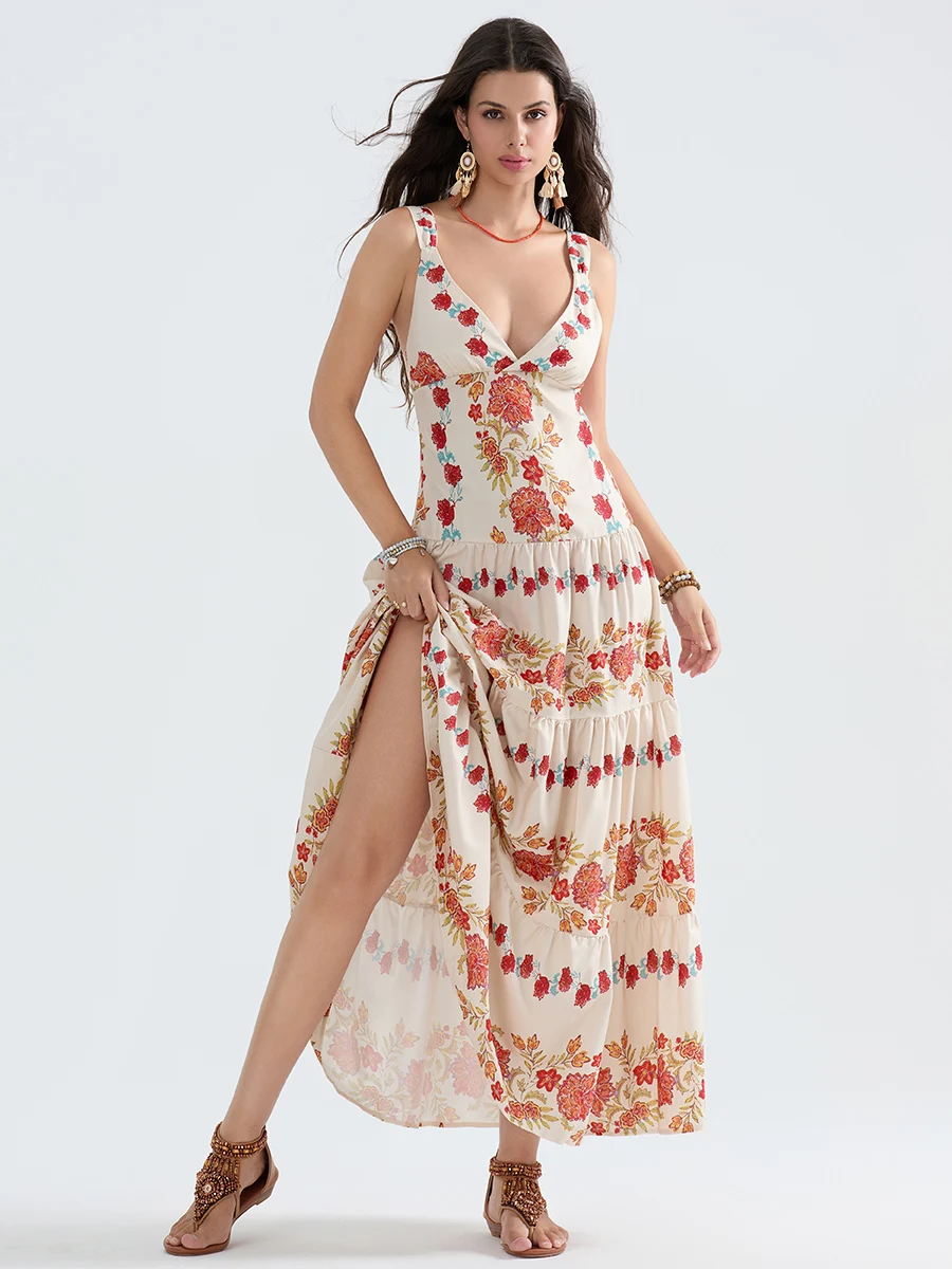 Vestido regata com estampa floral feminino, sem mangas, decote V profundo, vestido em camadas A, vestido longo e esvoaçante, verão