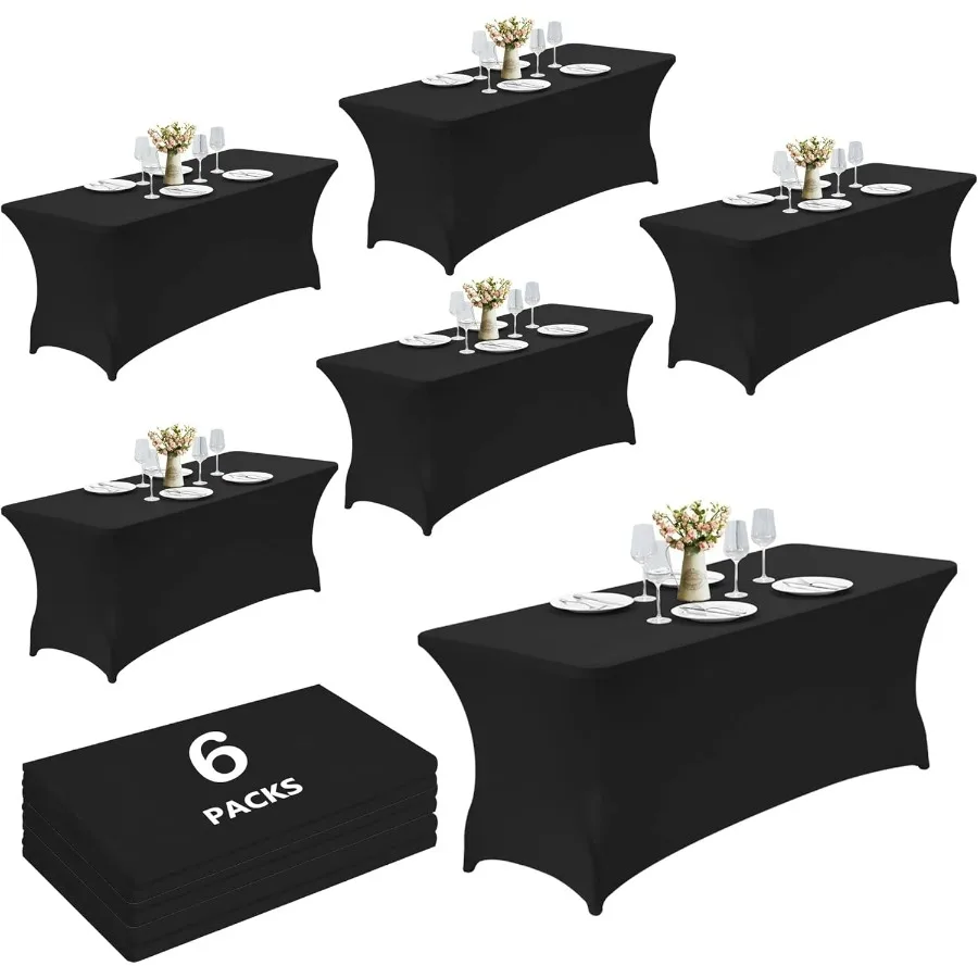 

6 шт. черная скатерть из спандекса длиной 8 футов — эластичная крышка — универсальная подходит для складных столов — без морщин, моющаяся — идеально подходит для