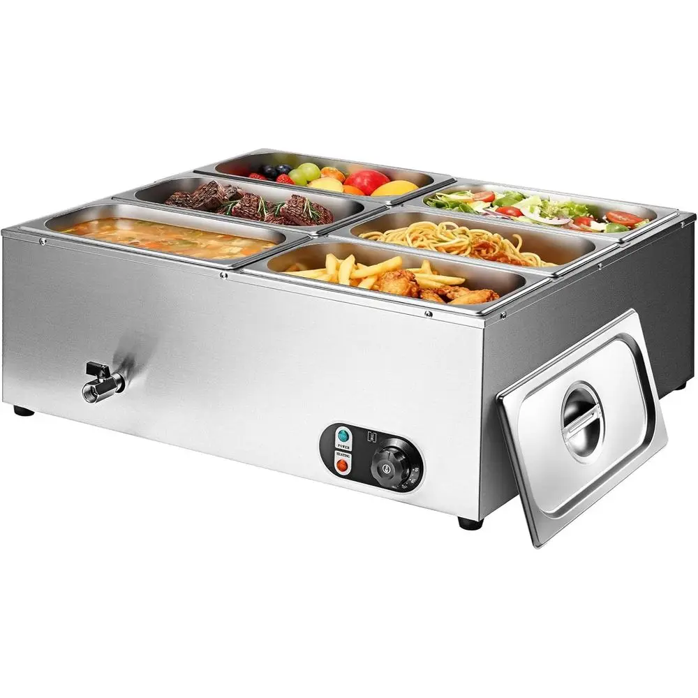 

48 Qt Stainless Steel Steam Table Countertop Buffet Warmer, 6-Pan, 1500W Electric Bain Marie for Restaurants, Catering, Hotels