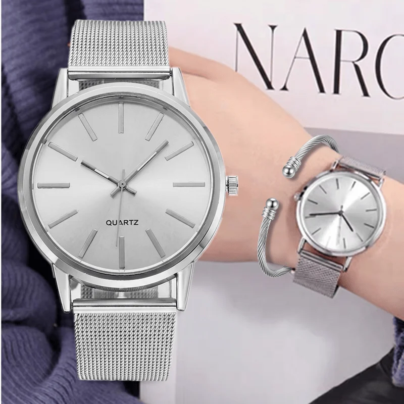 2pcs Fashion Luxury Women Bracelet Set Gift Simple Metal Analog Quartz Wristwatches for Woman Elegant Dress Ladies Watch Relogio