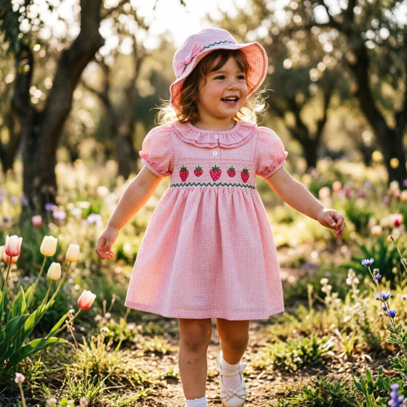 Spanish Style Girls Dress Summer Cotton Breathable Strawberry Embroidery Smocked Plaid Cute Princess Dress for Toddler Kids