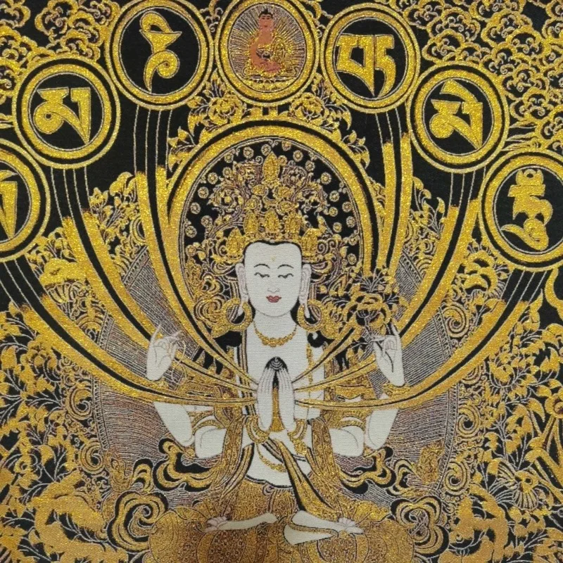 Four-Armed Avalokiteshvara Thangka Black Gold Brocade Tibetan Buddhist Tapestry Wall Hanging Religious Home Altar Decor