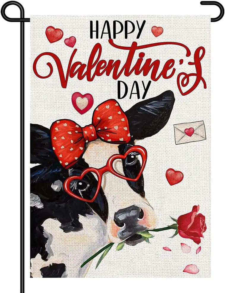 Happy Valentines Day Garden Flag 12x18 Inch Double Sided Small Flags, Cute Cow Lover Yard Sign with Heart Glasses and Rose f uui