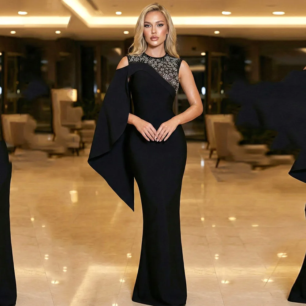 Maßgeschneiderte Hochzeitspartykleider Bodenlange Abendkleider mit O-Ausschnitt für Damen Meerjungfrau-Stil Ärmellos mit Perlenbesatz Ballkleid