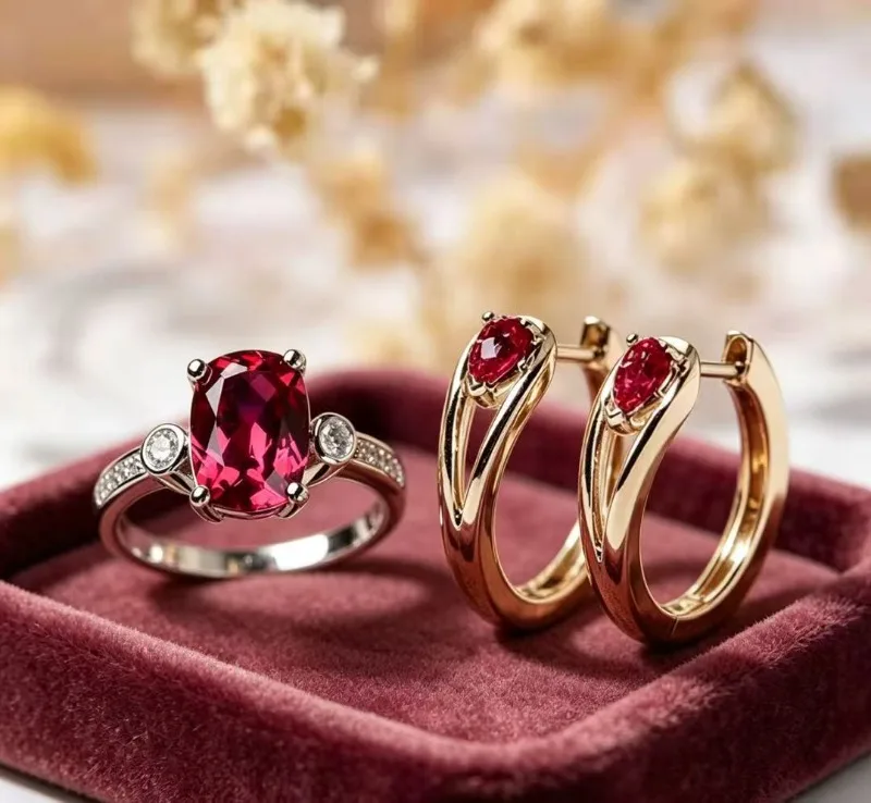 Red Zircon Ring and Earrings Two-Piece Set