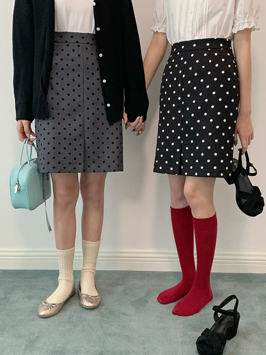 

Autumn New Polka Dot Midi Skirt Women 2024 High Waist Chic Vintage A-line Fadas Korean Fashion Elegant Short Skirts Femme