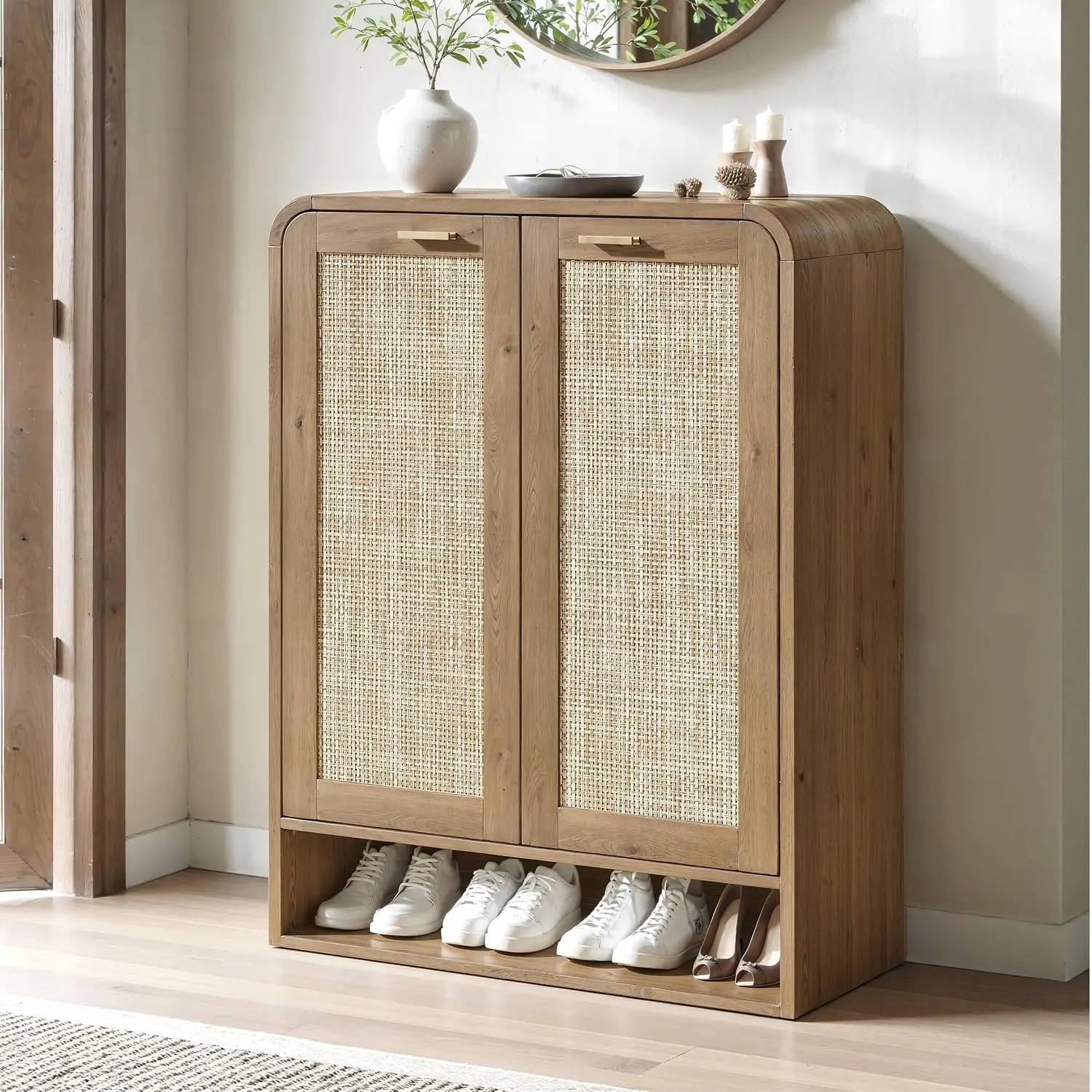 41 Inch Rattan Shoe Cabinet 24 Pairs, 5-Tier With Doors, Wooden Organizer For Entryway Hallway, Customized