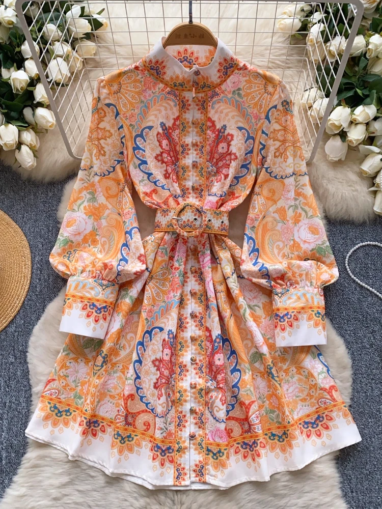

France Elegant Vintage Luxury Evening Dress Women Print Sashes Stand Collar Short Party Dress Female Casual Holiday Clothing New