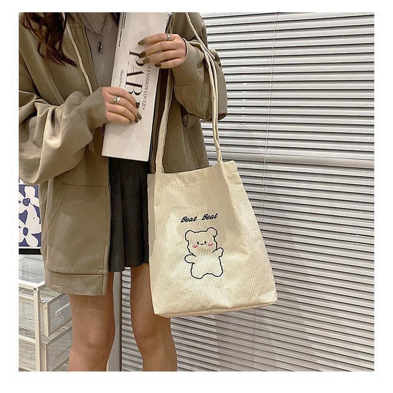 Cartoon Embroidered Shoulder Bag Corduroy Women Handbag Student School Purse Shoulder Bags