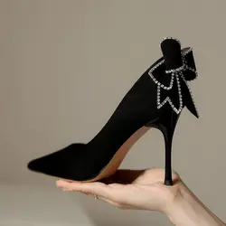 Letnie obuwie damskie Super wysoki obcas z kokardką Rhinestone Crystals Stilito Diamond Black Shoes For Women 2024 Young On Sale E A