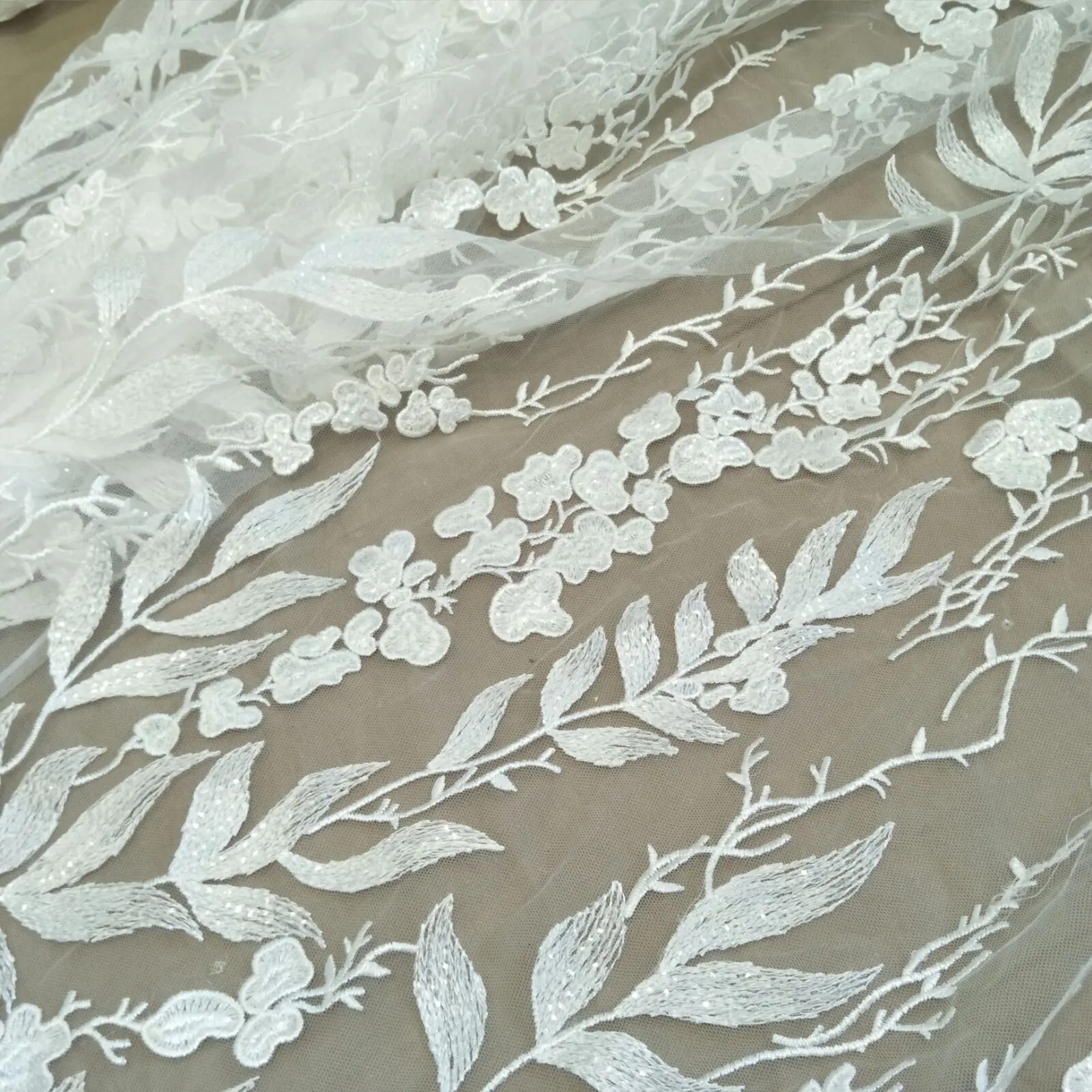 high quality bridal leafs lace fabric wedding gown dress lace fabric 130cm sequins lace fabric sell by yard