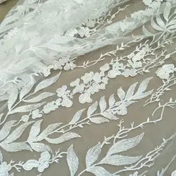 high quality bridal leafs lace fabric wedding gown dress lace fabric 130cm sequins lace fabric sell by yard