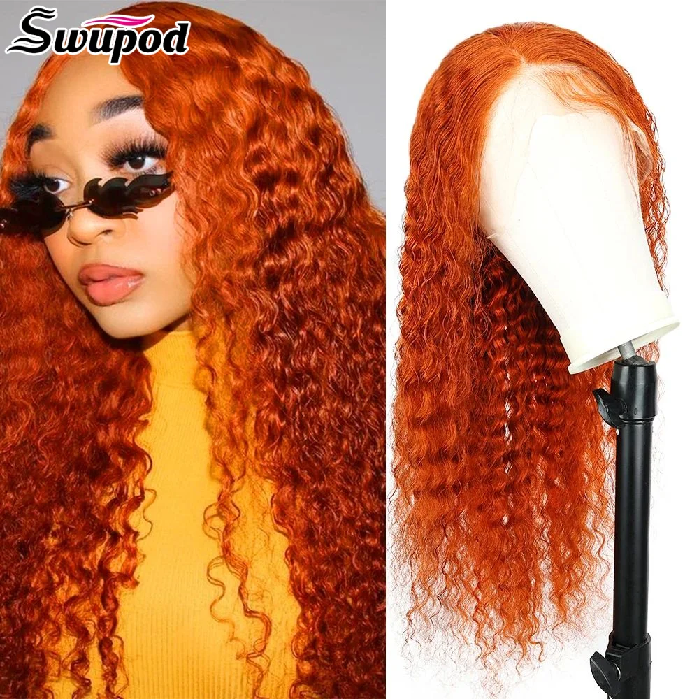 Swupod 13x4 13x6 220% Density Transparent HD Lace Front Wig for Women Deep Wave Remy Human Hair Ginger Orange 350# Loose Curly