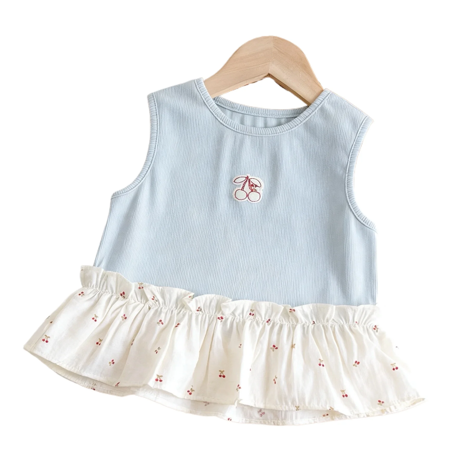 Girls Summer Vest Thin 2026 New Fashion Baby Cherry Print Back Flap Toddler Sweet and Cute T-Shirt