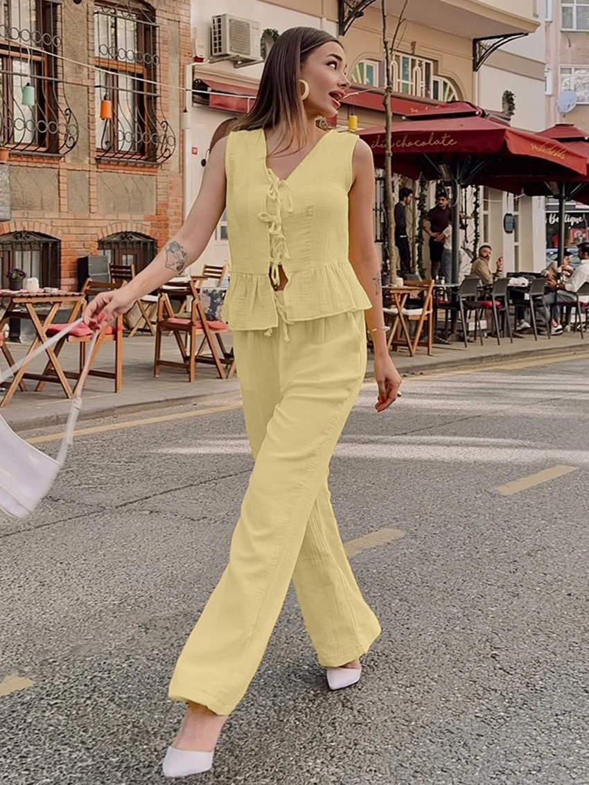 Marthaqiqi Cotton Women Nightwear Set Sexy V-Neck Pajama Lace Up Nightgown Sleeveless Nightie Pants Casual Ladies Sleepwear Suit