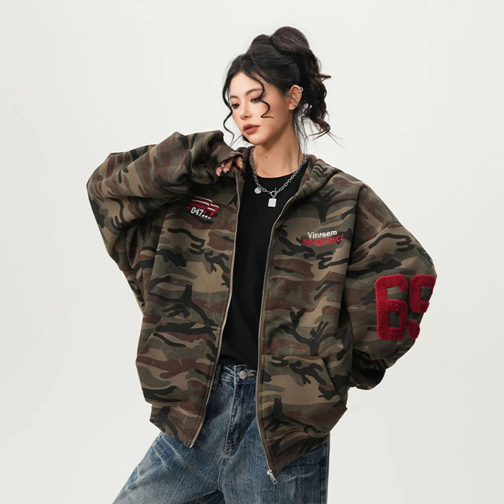 

New Camouflage Pattern Woman‘s Hooded Jacket Loose Casual Style Zip Up Sweatshirt Coat Daily Streetwear Outerwear For Women