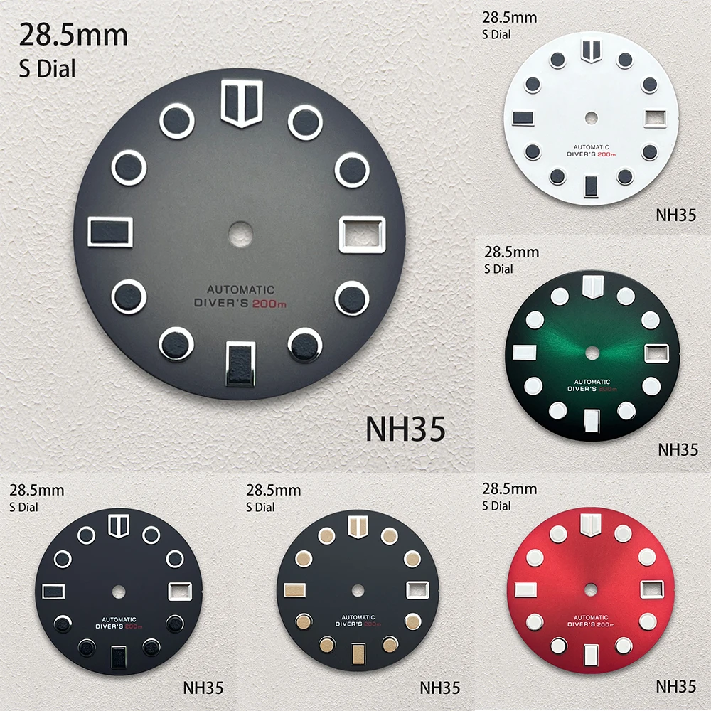 28.5mm S Logo Matte Dial Fit NH35/NH36/4R/7S Movement Green Luminous Diving High-Quality Watch Modification Accessories