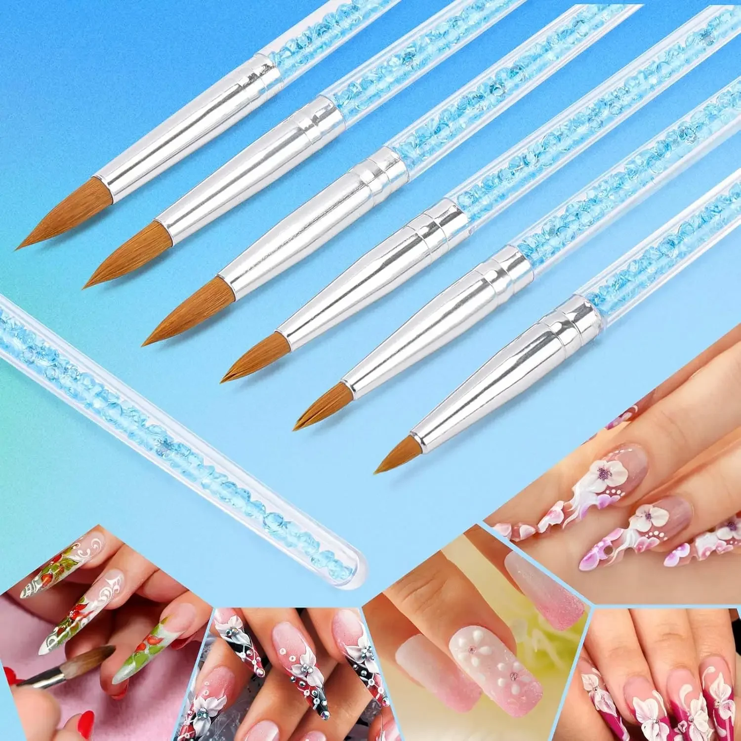 6-Piece Nail Carving Pen Set - Sky Blue Acrylic Diamond Shank Gel Brush for Professional Salon Manicure Tools