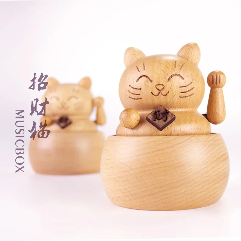 Wooden Clockwork Music Box Manual Lucky Cat Music Box Hand-operated Table Home Decor Artwork Musique Accessories Christmas Gifts