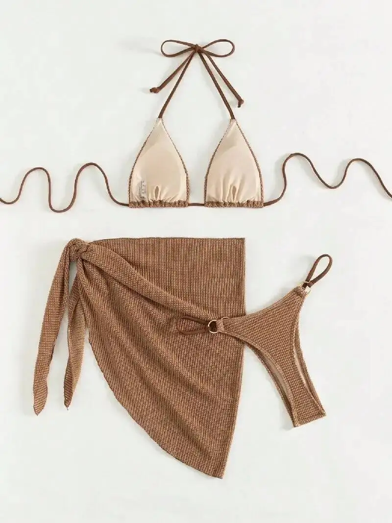 Sexy Brown Bikini Set 2025 Women Halter Push Bra Skirt 3 Piece Swimsuit Summer Bathing Suit Cover Up Thong Swimwear Biquini